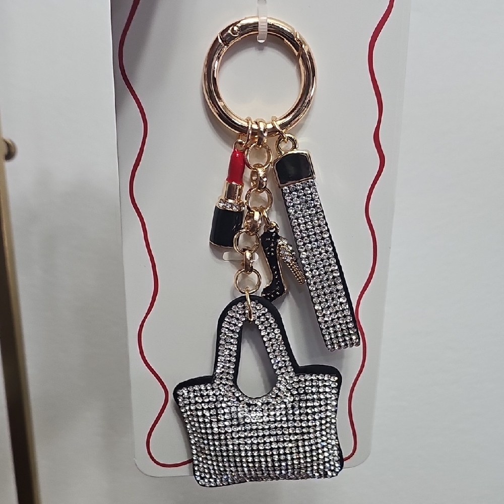 NWT Bling Rhinestone Bag Charm Keychain • Fashionista Handbag Lipstick Stiletto